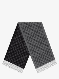 Gucci Men's Fringed Jacquard Cashmere GG Impreziosita Finiture Realizzata Scarf Black