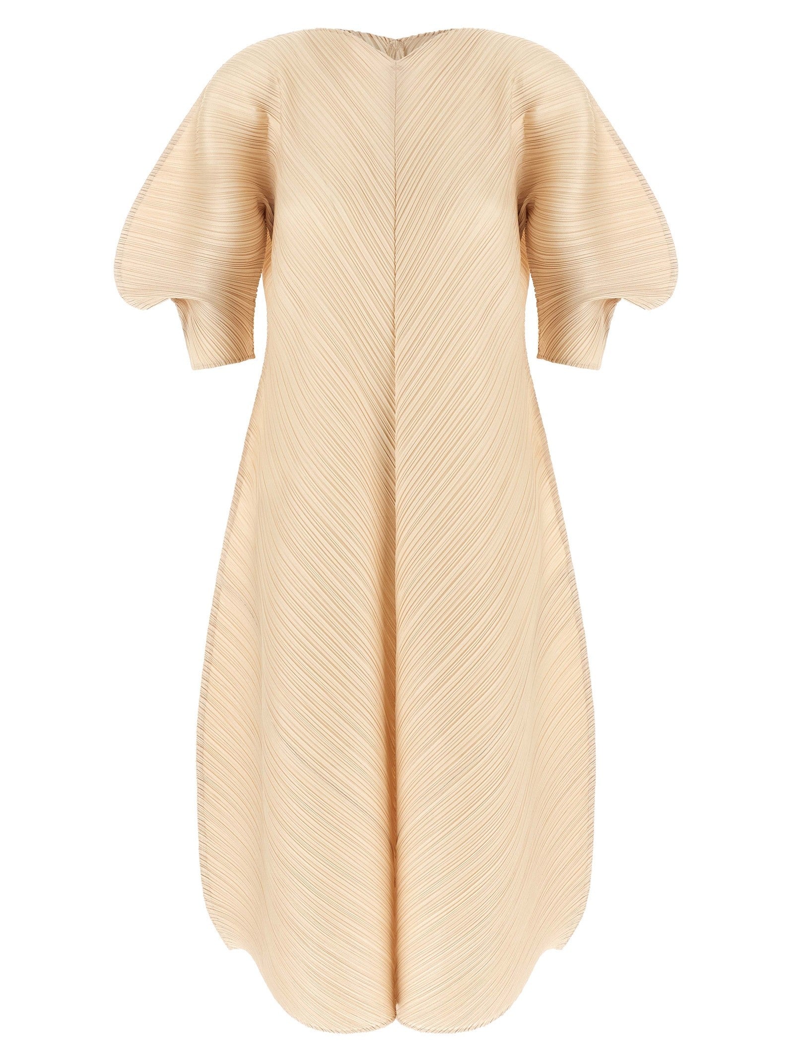 Pleats Please Issey Miyake Sculptural Sleeve Dress Beige