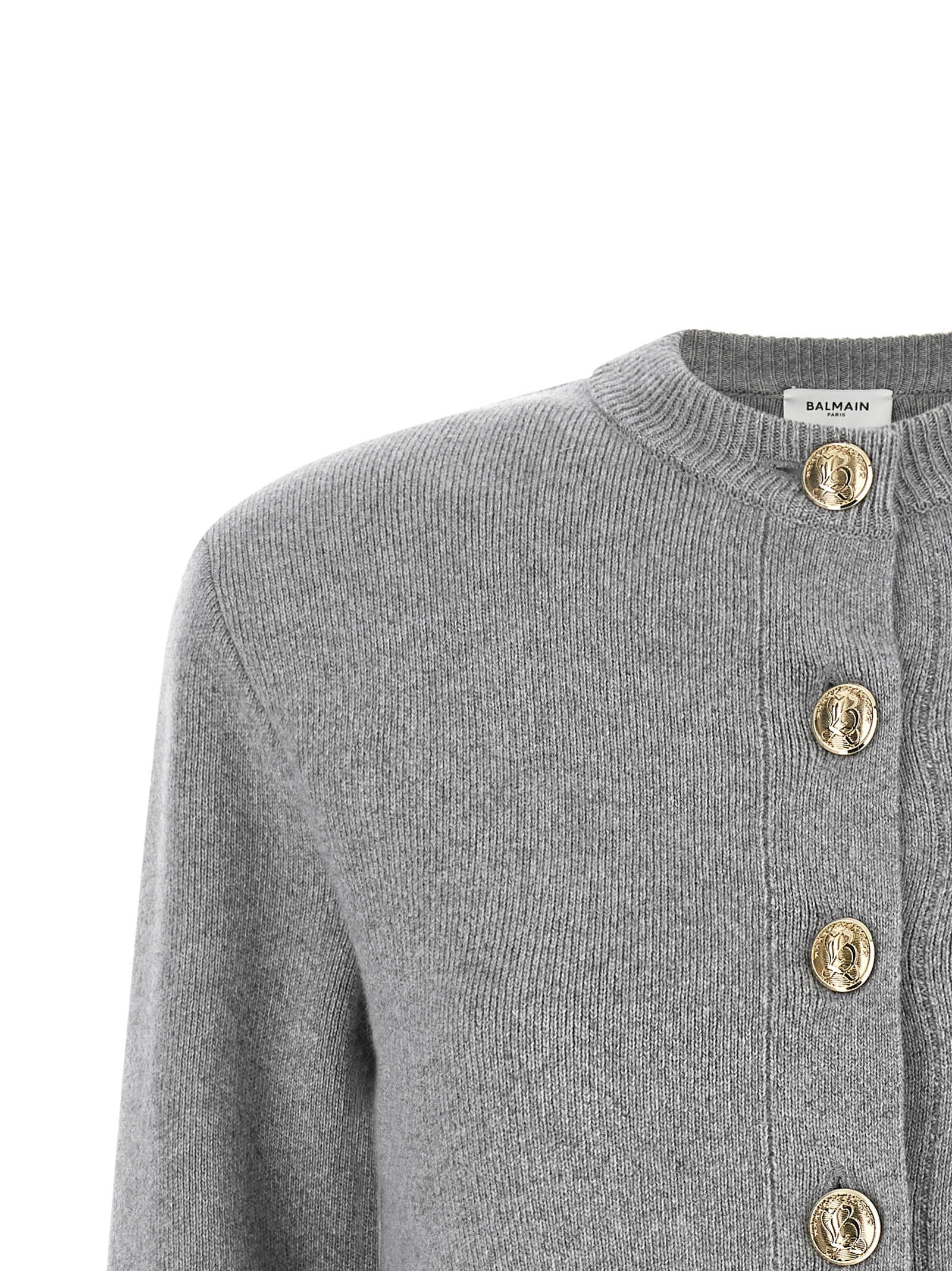 Balmain Sculpture Button Crew Neck Cardigan Grey