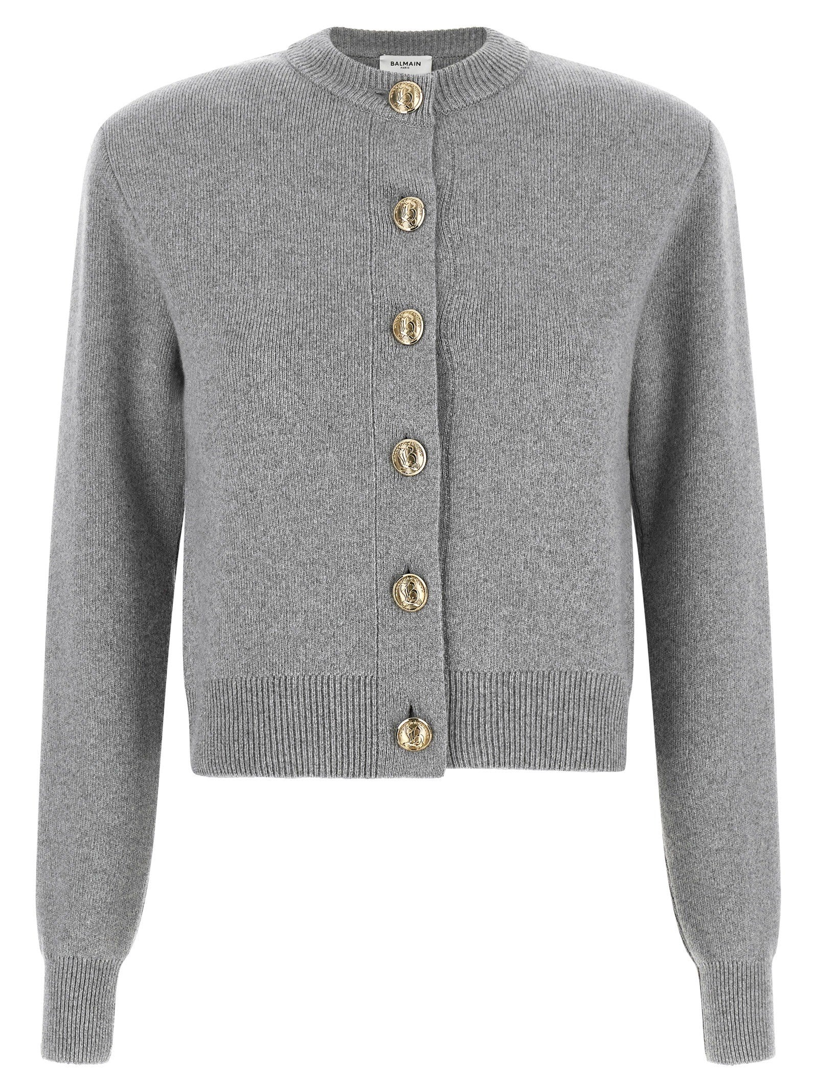 Balmain Sculpture Button Crew Neck Cardigan Grey