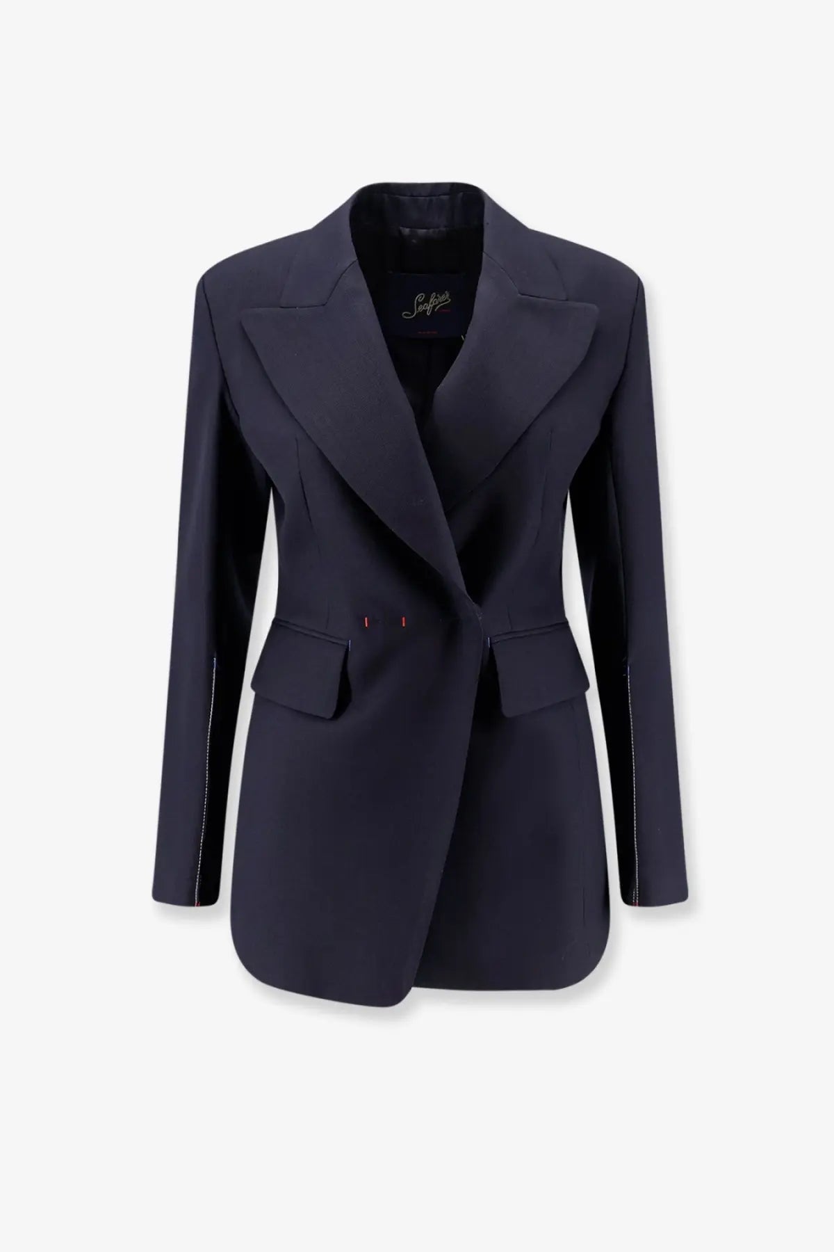 Seafarer women’s blazer Gilda in lana vergine black with navy blue tailored double-breasted front and contrast stitching