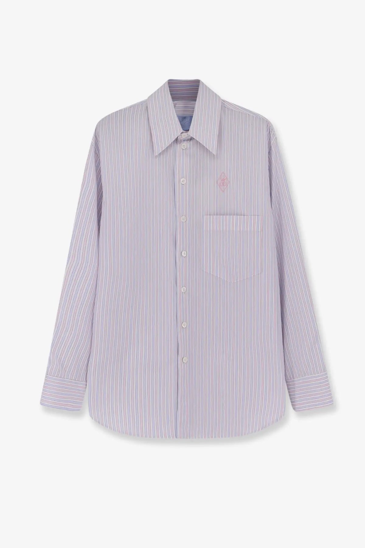 Seafarer women’s kim striped cotton shirt white with lavender and white stripes and pink embroidered logo on chest