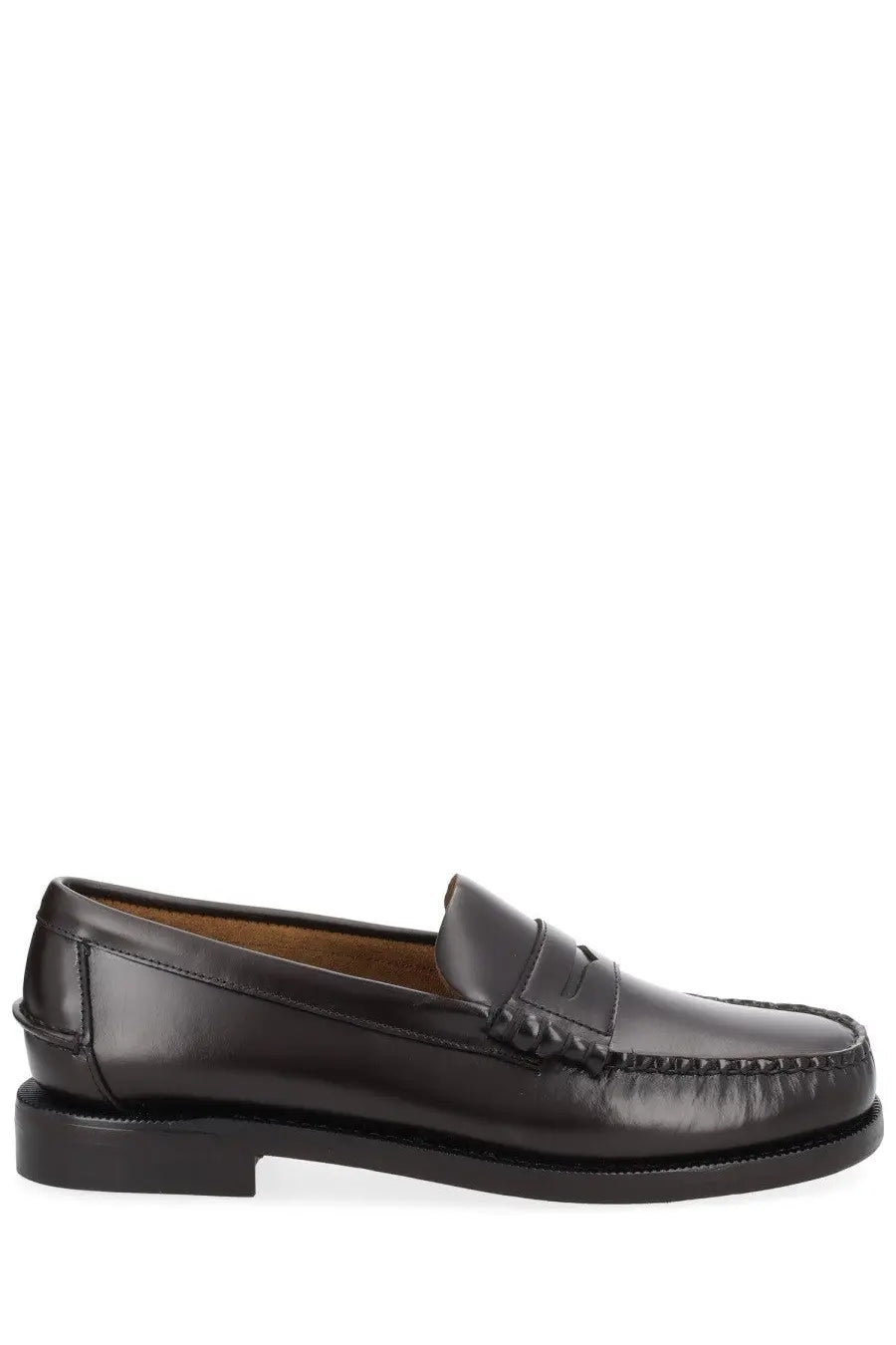 Sebago men’s mocassino classic dan brown black leather penny loafer with polished finish and stitched detailing