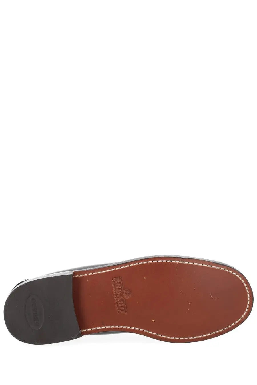 Sebago men’s mocassino classic dan brown brown leather shoe sole with white stitching and black rubber heel back view