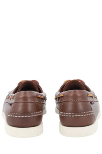 Sebago men’s mocassino docksides brown leather boat shoes with white stitching and multicolored laces