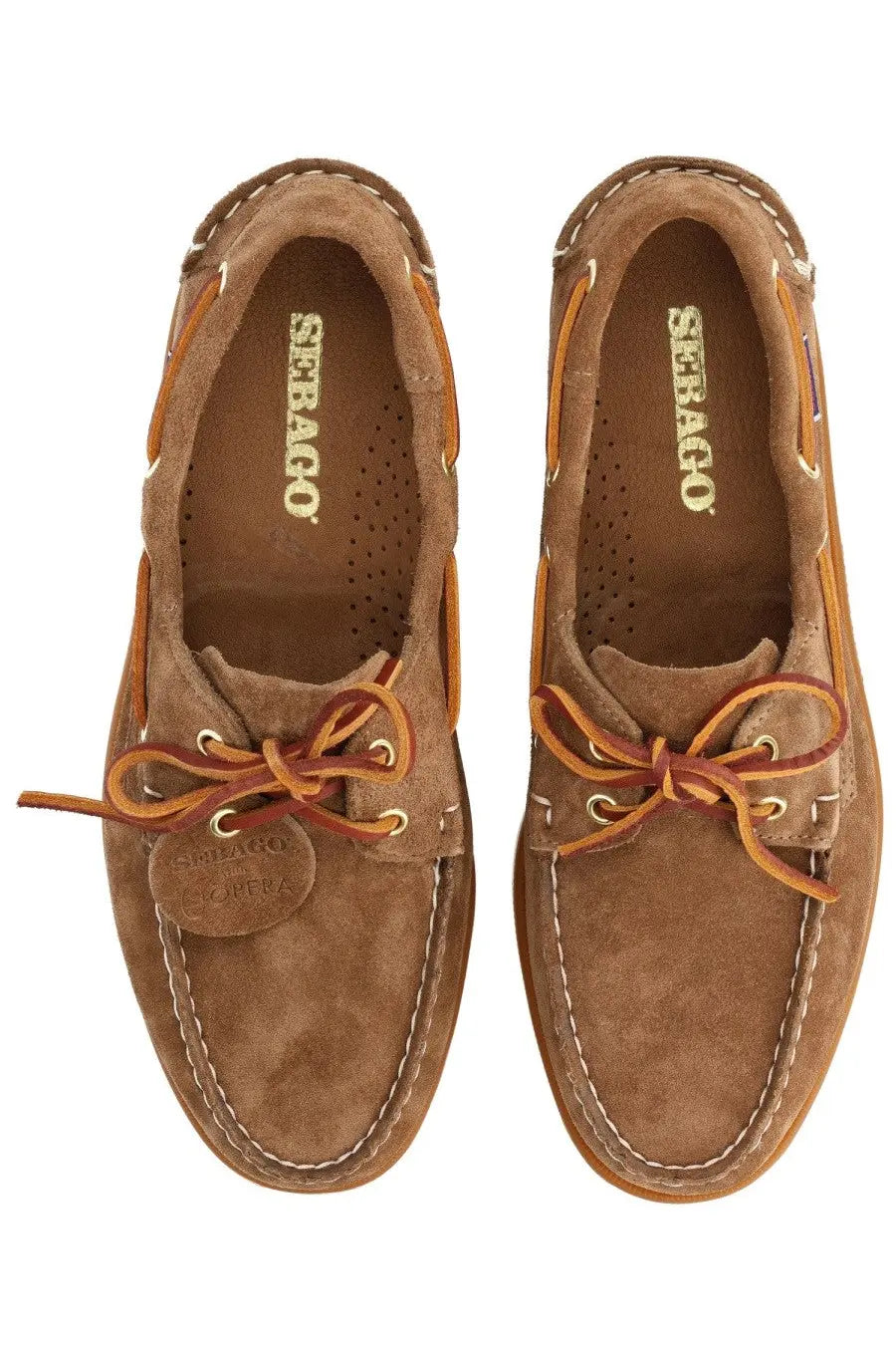 Sebago men’s mocassino portland artisan brown brown suede boat shoes with tan laces and white stitching nautical design