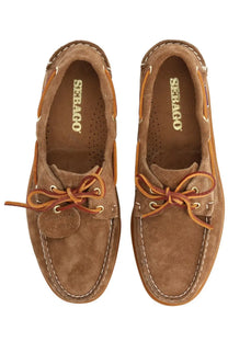 Sebago men’s mocassino portland artisan brown brown suede boat shoes with tan laces and white stitching nautical design