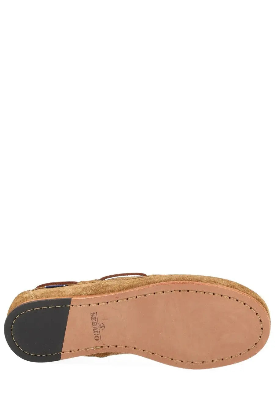 Sebago womens mocassino owen brown tan suede boat shoe with black rubber heel and tan leather insole shown from back