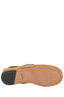 Sebago womens mocassino owen brown tan suede boat shoe with black rubber heel and tan leather insole shown from back