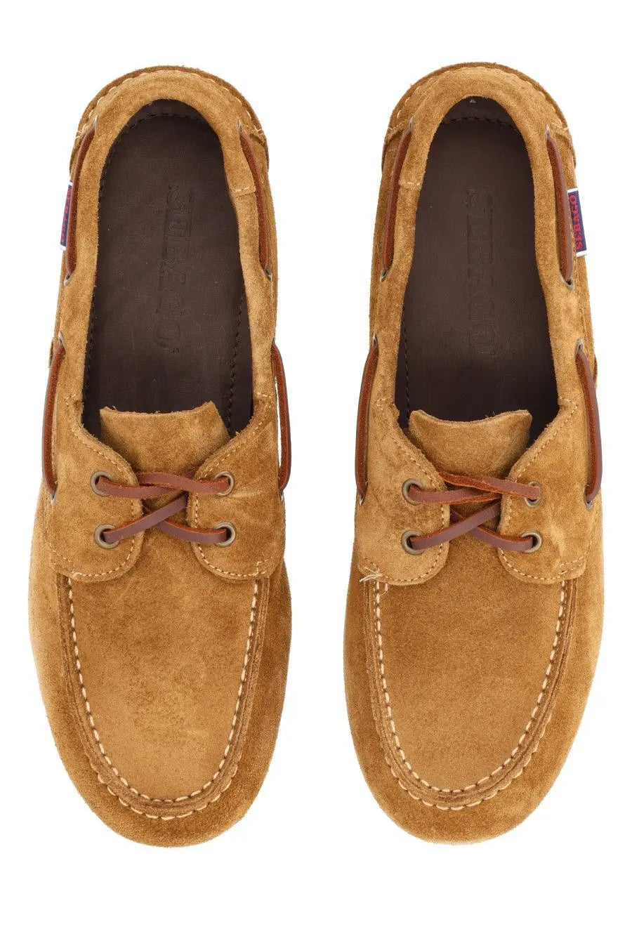 Sebago women’s mocassino owen brown tan suede boat shoes with brown leather laces and stitching