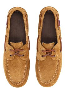 Sebago women’s mocassino owen brown tan suede boat shoes with brown leather laces and stitching