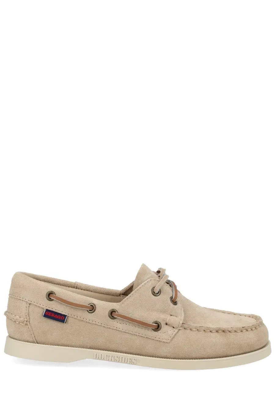 Sebago women’s mocassino Portland beige suede boat shoe with tan laces and white rubber sole