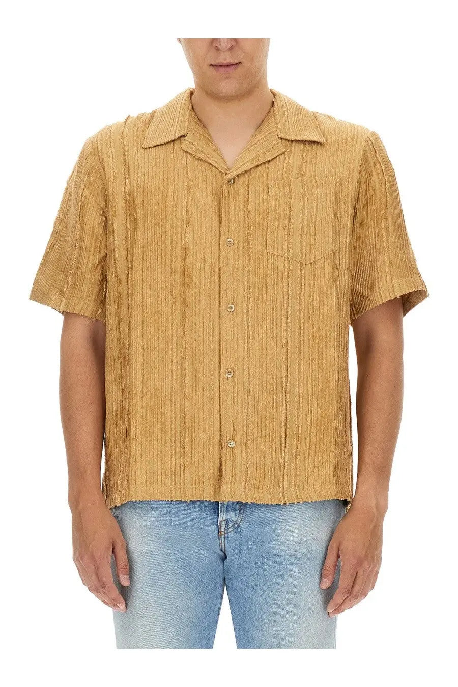 SéFr men’s shirt dalian beige mustard yellow ribbed fabric short-sleeved button-up with classic collar