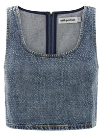 SELF PORTRAIT - SELF PORTRAIT - ’Rhinestone Denim Crop’ top - Women’s Tops
