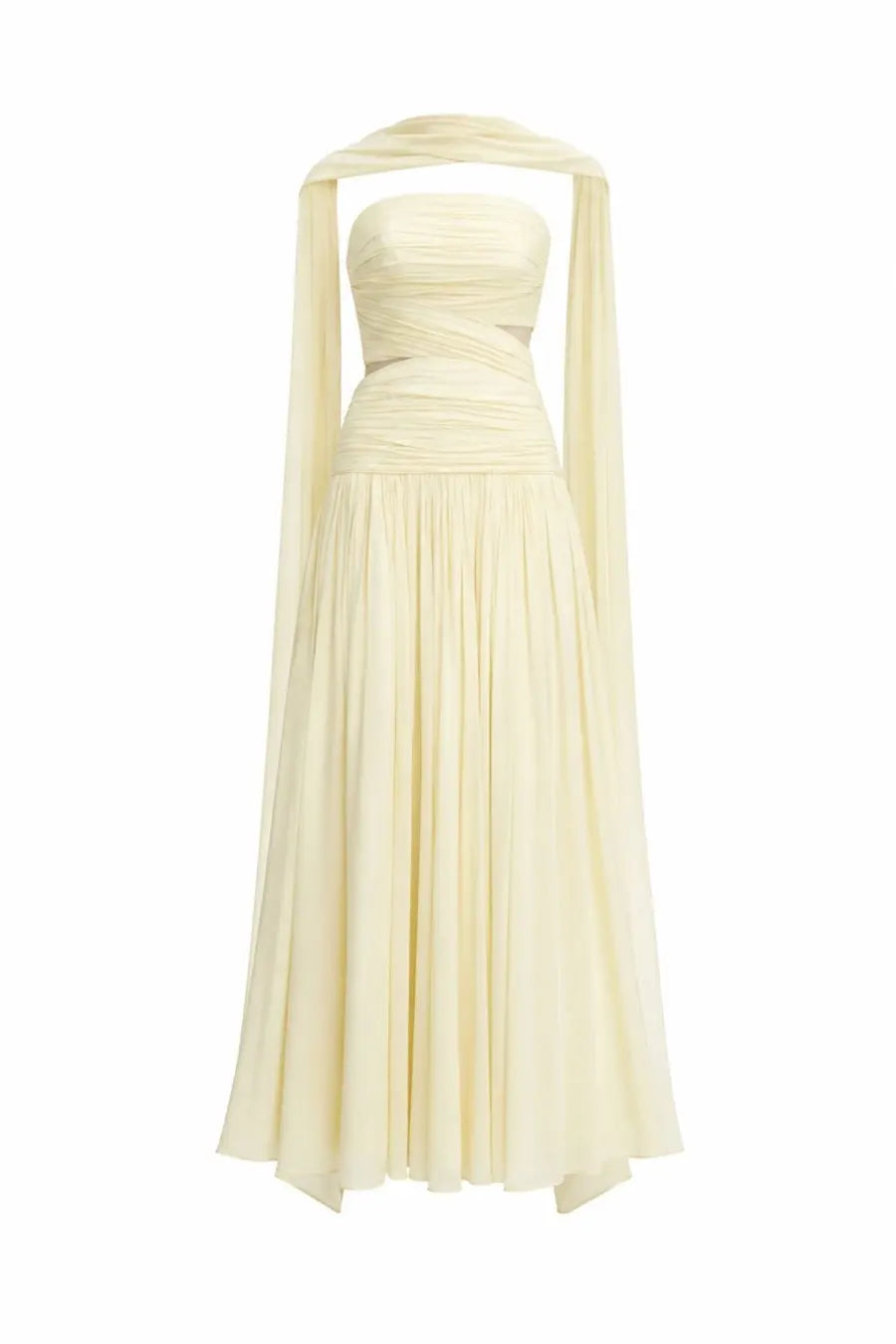 A flowing pale yellow strapless georgette gown with ruched bodice and pleated skirt by Self-Portrait women’s abito