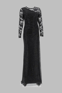 Black self-portrait women’s abito lungo con manica in pizzo evening gown with sheer lace sleeves and sequined bodice