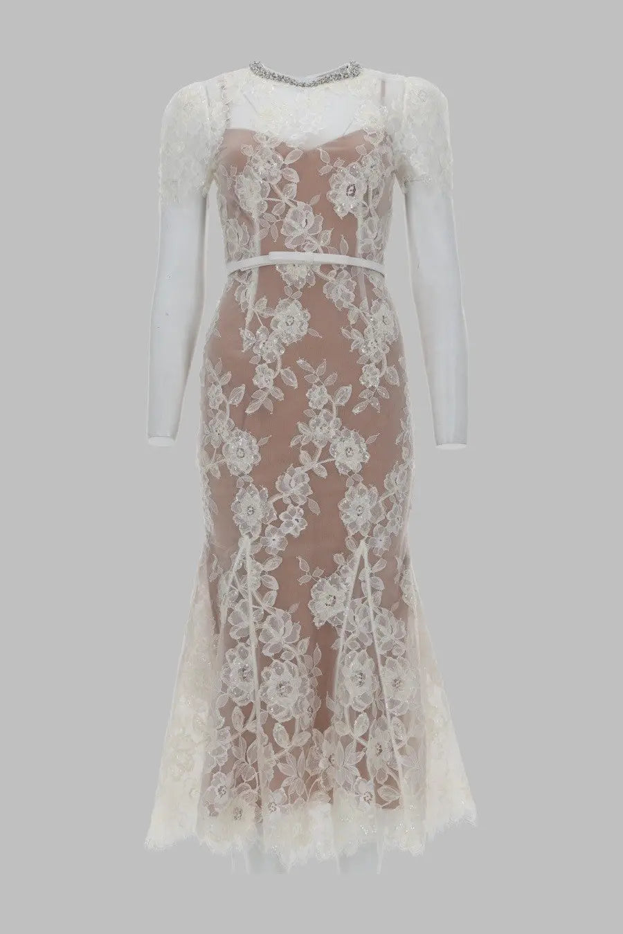 Self-portrait womens ivory lace mermaid midi dress with floral embroidery and matching belt in white
