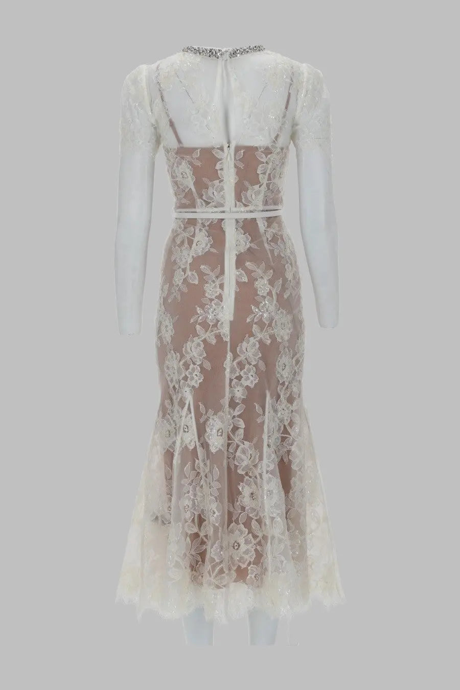 Self-Portrait women’s white lace midi dress with floral embroidery and beaded neckline in mermaid silhouette