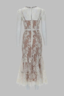 Self-Portrait women’s white lace midi dress with floral embroidery and beaded neckline in mermaid silhouette