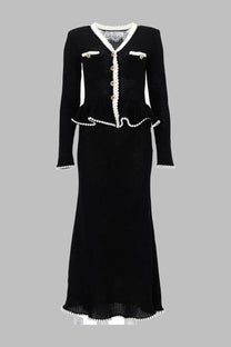 Black chanel tweed cardigan with white pearl trim and gold-tone buttons in self-portrait abito midi lace insert dress