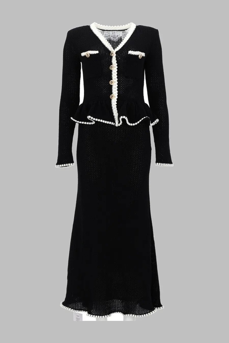 Black chanel tweed cardigan with white pearl trim and gold-tone buttons styled with self-portrait black midi lace dress