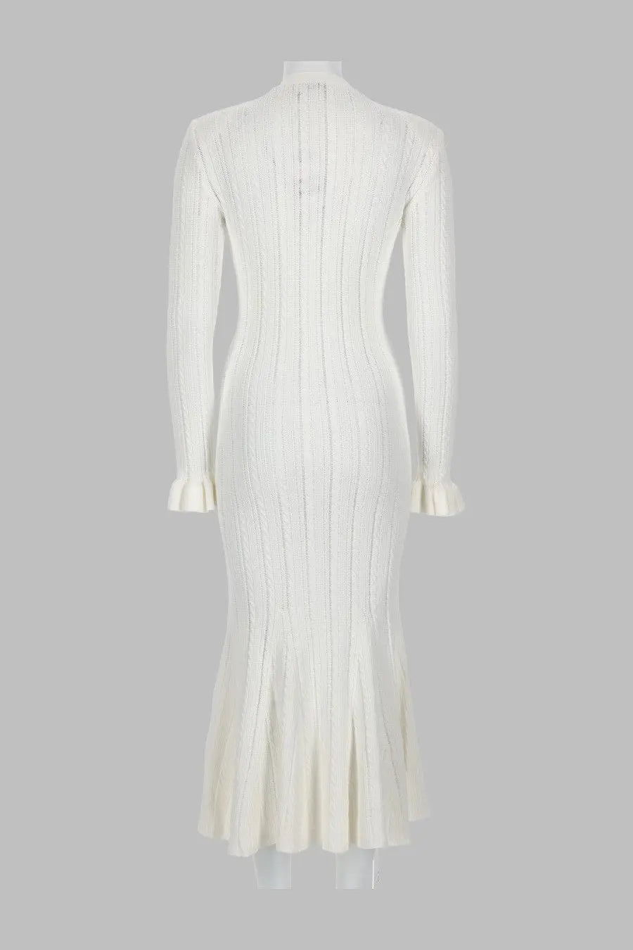 Self portrait women’s abito midi in maglia pointelle white ribbed knit midi dress with long sleeves and flared cuffs