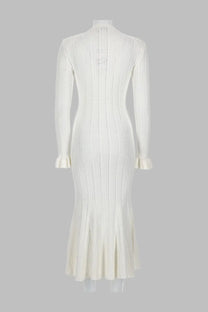 Self portrait women’s abito midi in maglia pointelle white ribbed knit midi dress with long sleeves and flared cuffs