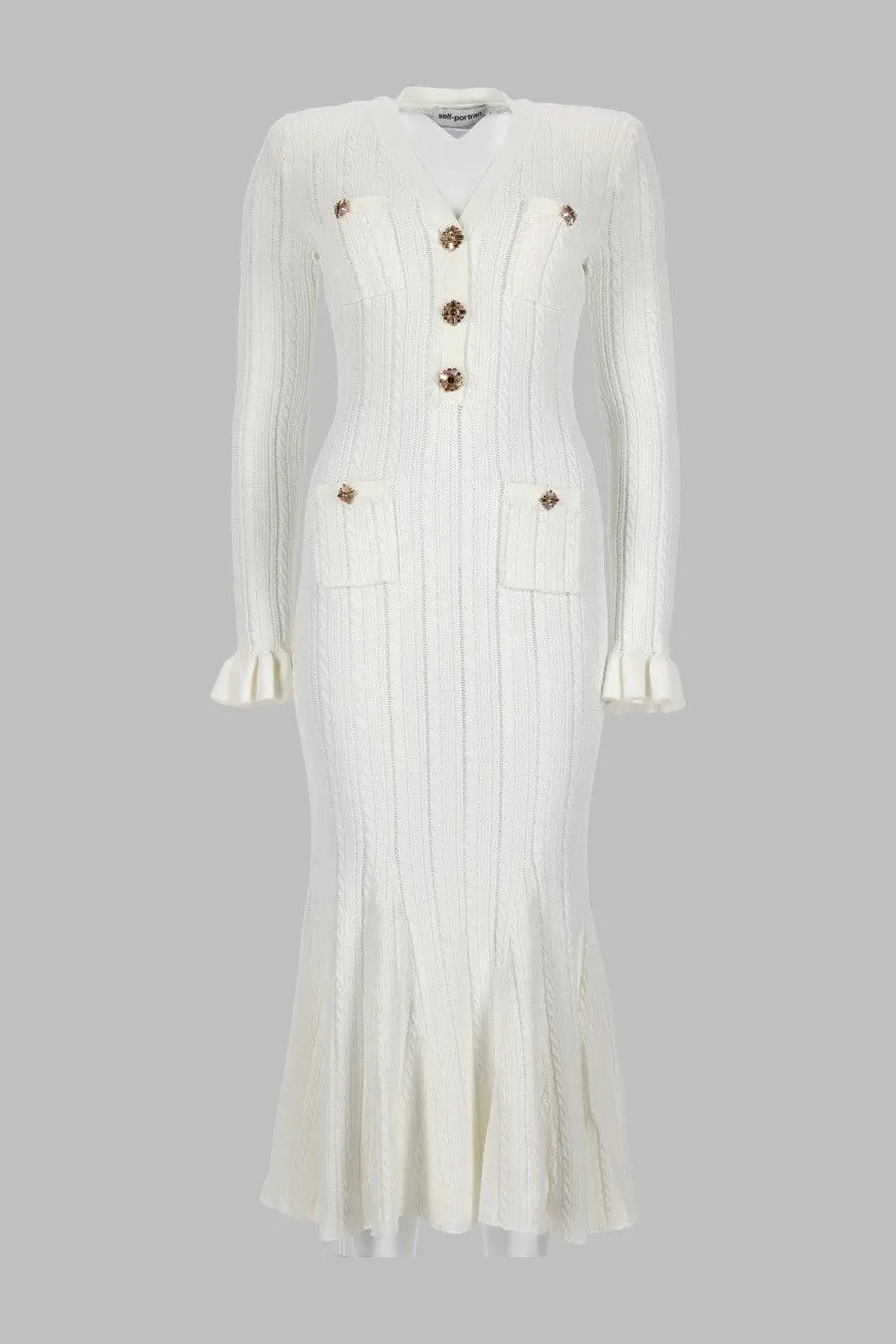 Self-portrait women’s abito midi in maglia pointelle white ribbed knit dress with gold-toned buttons and ruffled cuffs