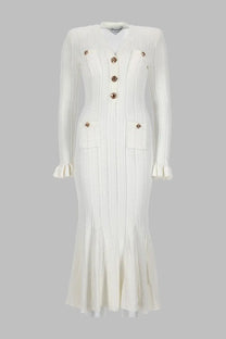 Self-portrait women’s abito midi in maglia pointelle white ribbed knit dress with gold-toned buttons and ruffled cuffs