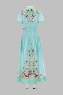 Self-portrait women’s light blue organza midi dress with floral print and embroidered blossoms on back and hem