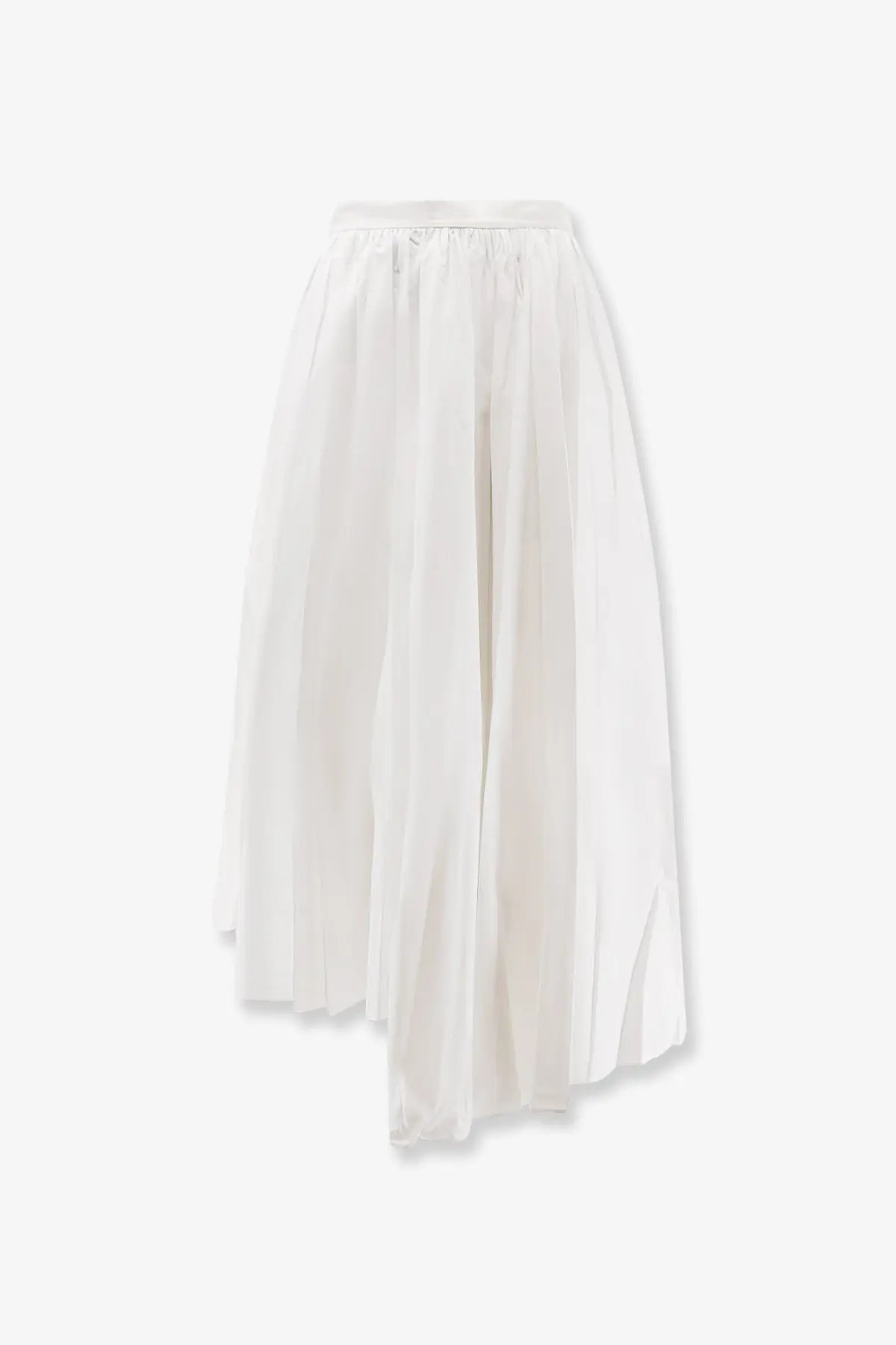 A white pleated cotton skirt by self-portrait featuring an elastic waistband and a slightly asymmetrical hemline