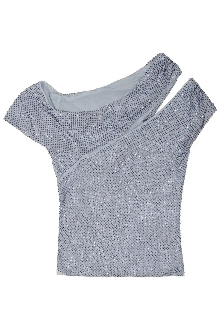 Gray sequined self-portrait women’s asymmetrical top with draped neckline and short sleeves