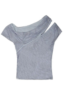 Gray sequined self-portrait women’s asymmetrical top with draped neckline and short sleeves
