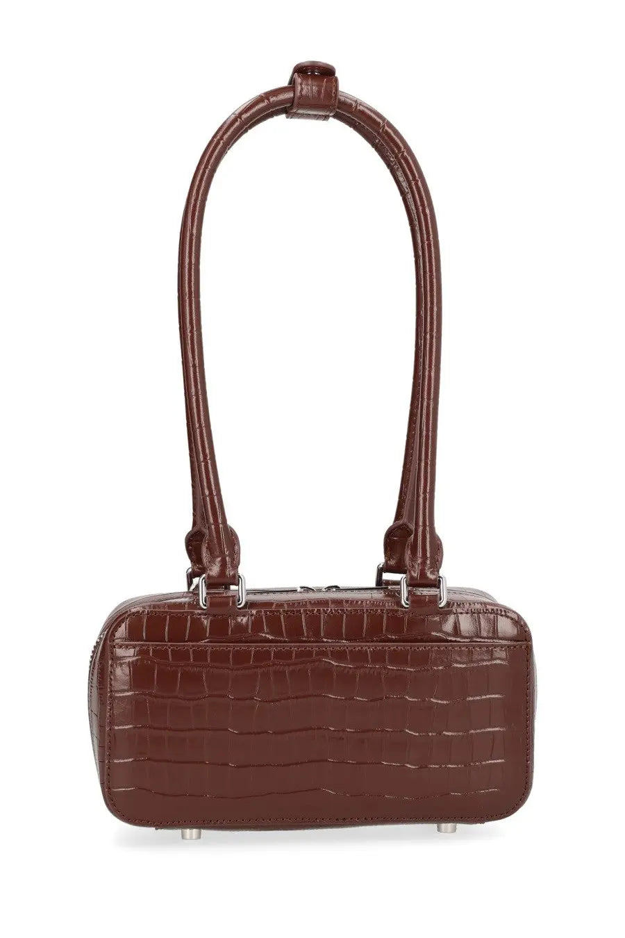 Brown crocodile-embossed leather handbag with curved top handle and silver-tone hardware by self-portrait women