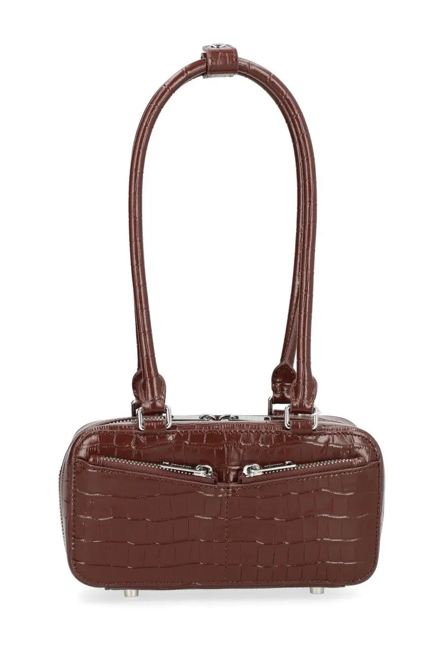 Brown crocodile-embossed self-portrait women’s handbag with curved top handles and silver-toned hardware