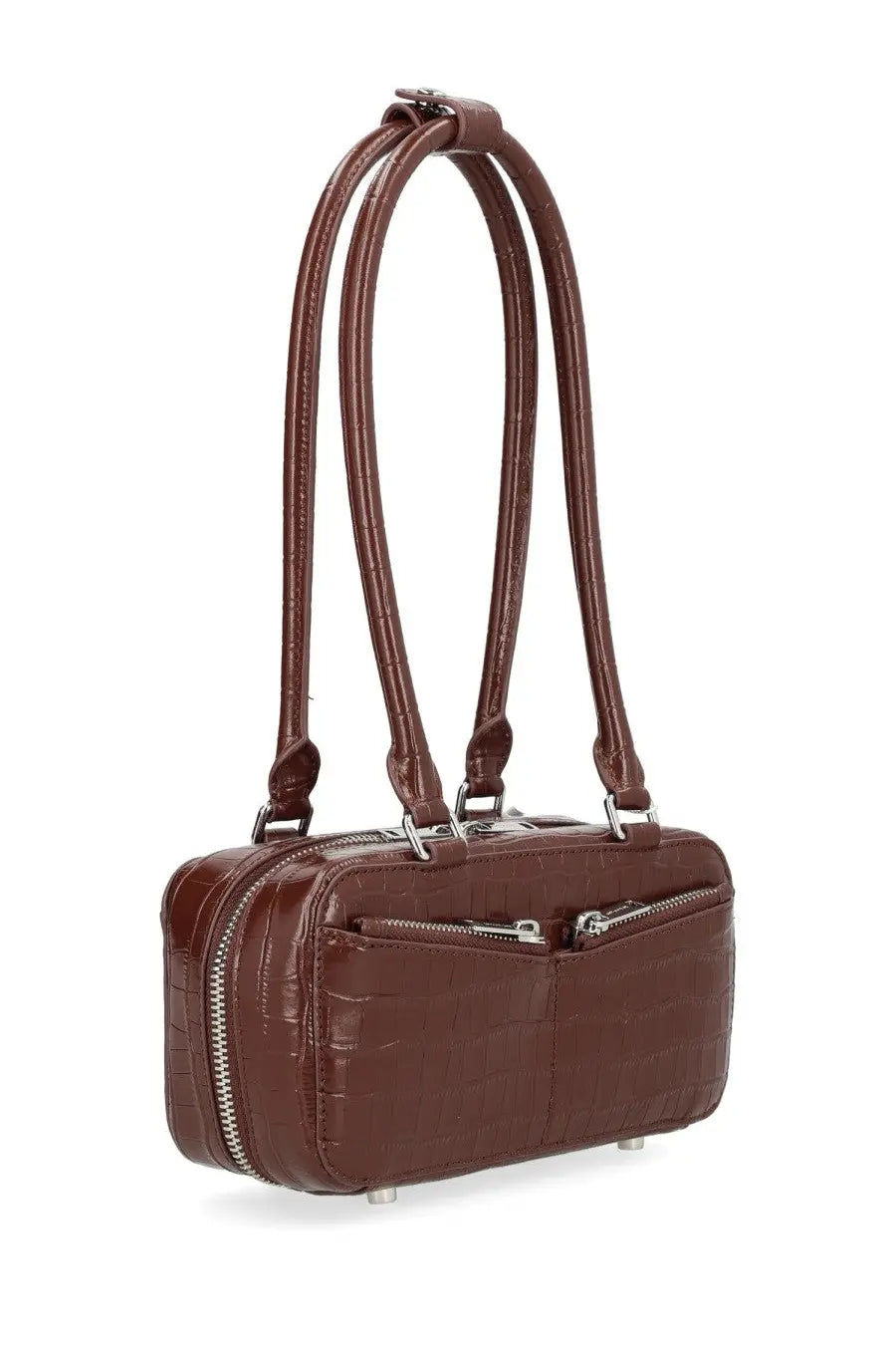 Brown crocodile-embossed self-portrait women’s handbag with dual top handles and silver zippers