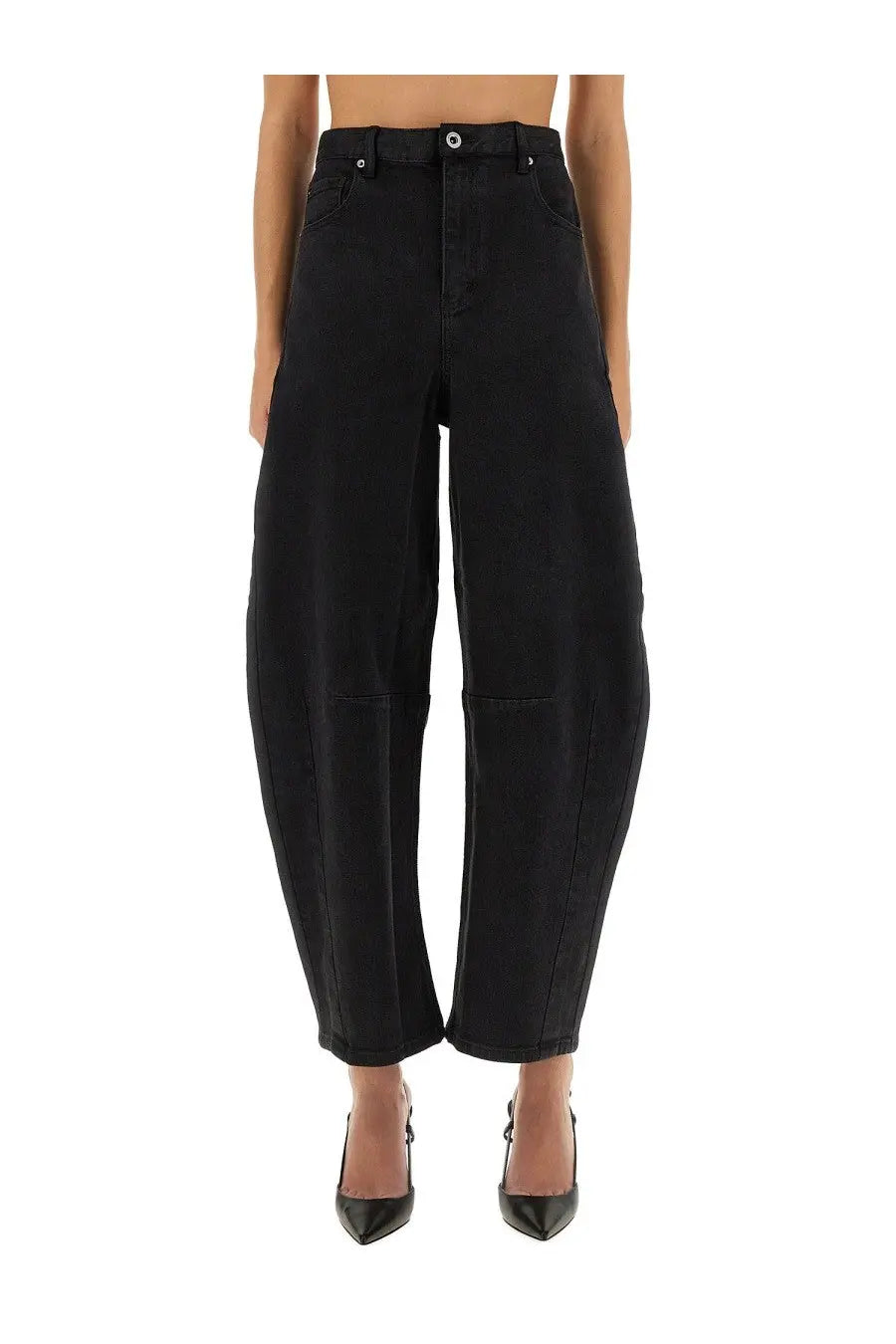 Black high-waisted wide-leg denim trousers with a relaxed tapered fit and visible stitching by self-portrait women