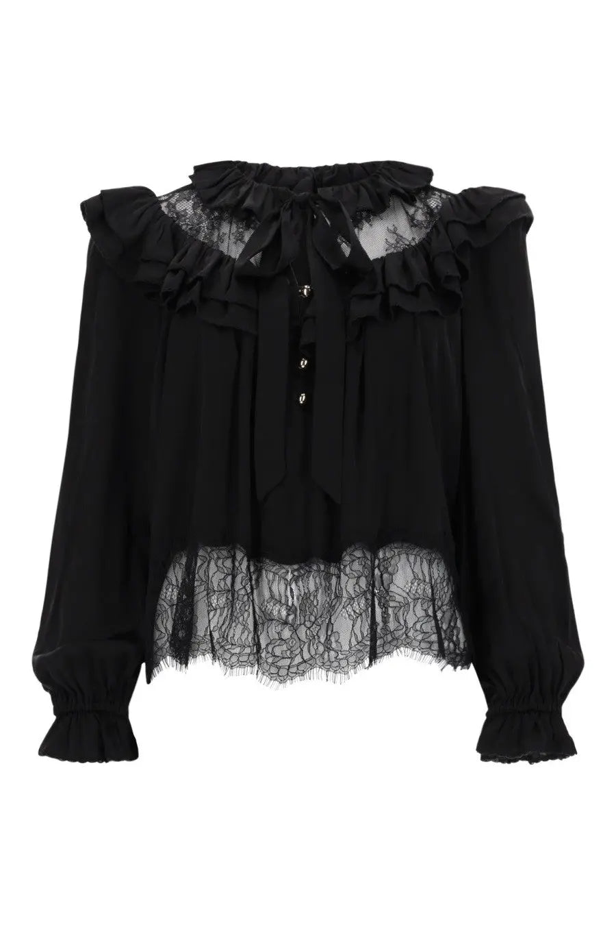 Self-portrait women’s black blouse with ruffled shoulders lace detailing and sheer fabric in lace design