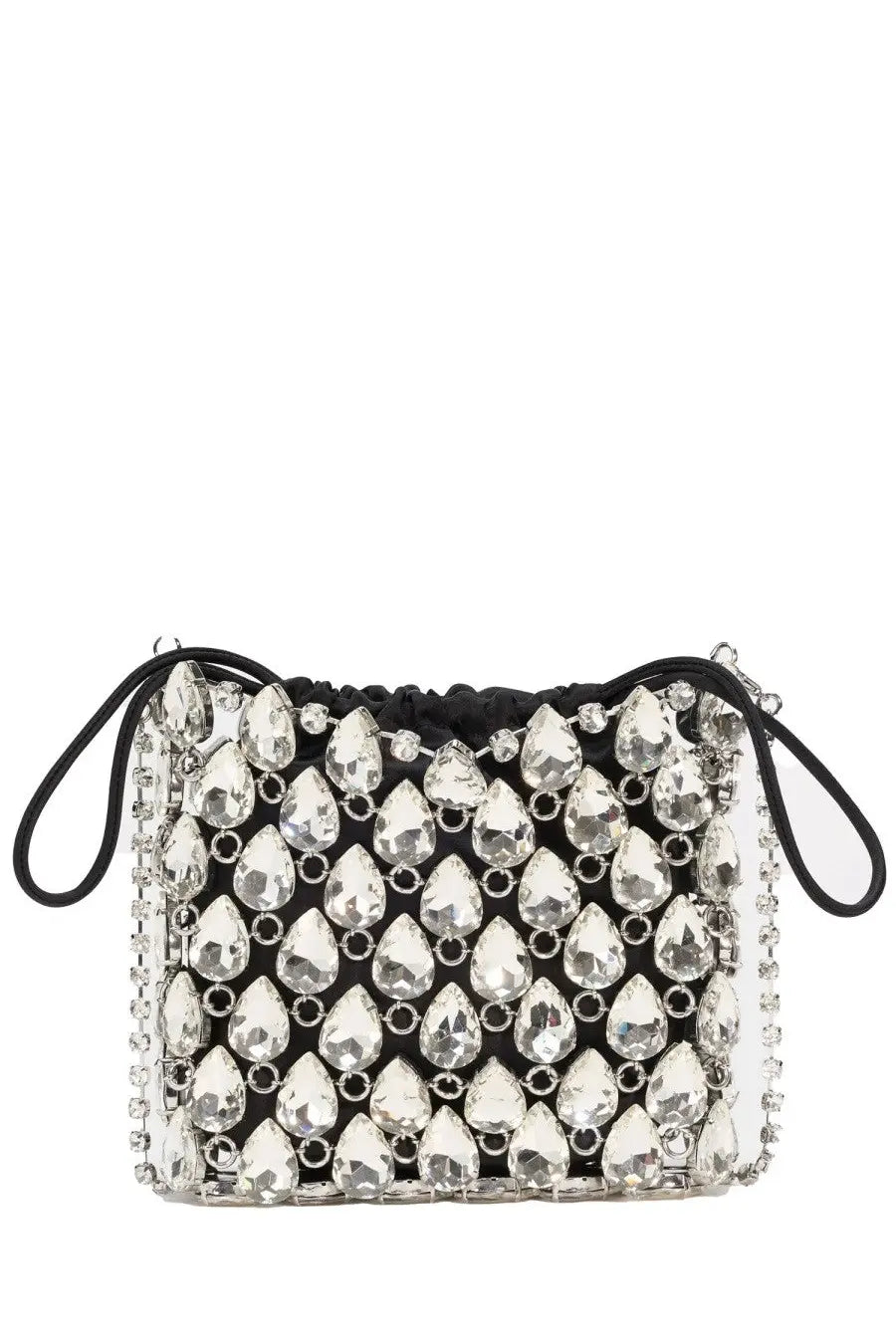 Self-portrait women’s black drawstring borsa mini with teardrop crystals and silver metal accents in maglia metallica con cristalli silver