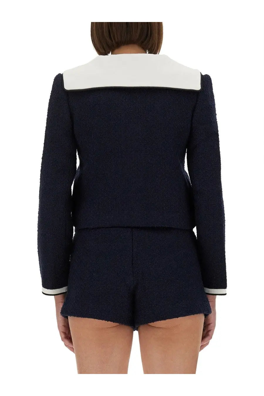 Navy blue boucle tweed blazer with contrasting white collar and matching shorts from self-portrait womens collection