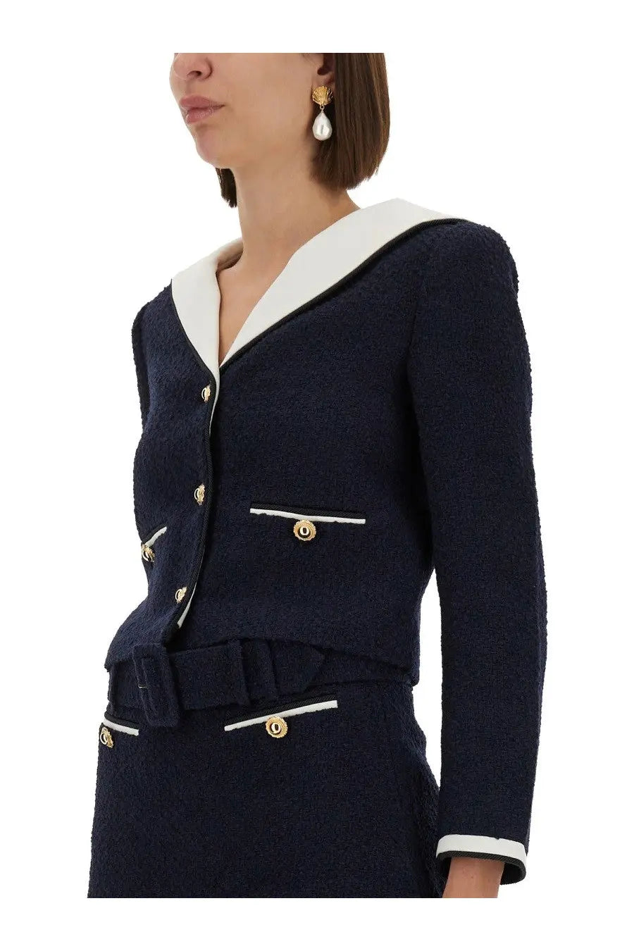 Navy blue self portrait women’s boucle jacket with white collar and cuffs, gold-tone buttons, and matching belt detail