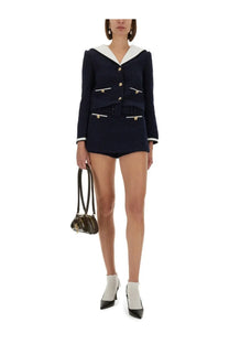 Navy blue tweed sailor-style womens blazer with white collar and gold buttons from self-portrait boucle jacket collection