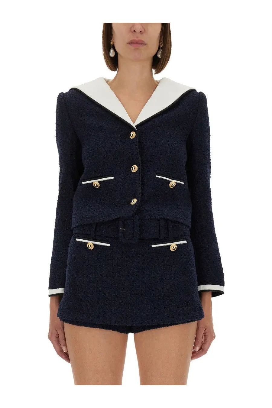 Navy blue tweed sailor-style two-piece suit with white collar cuffs and trim accents from Self-Portrait womens boucle jacket blue