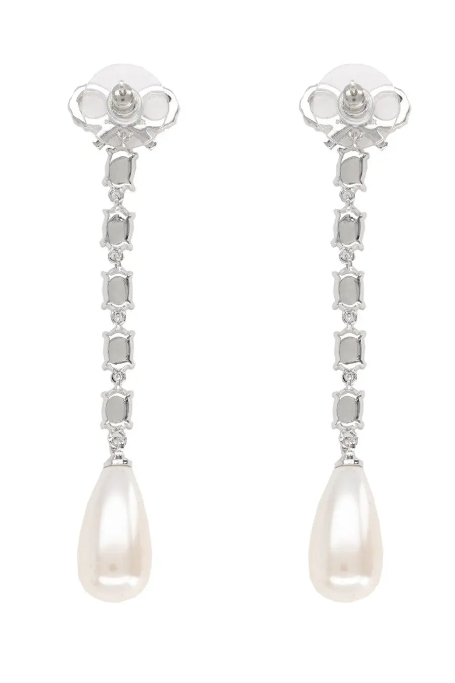 Silver drop earrings by self-portrait with floral stud top, cascading rectangular gemstones, and teardrop pearl detail