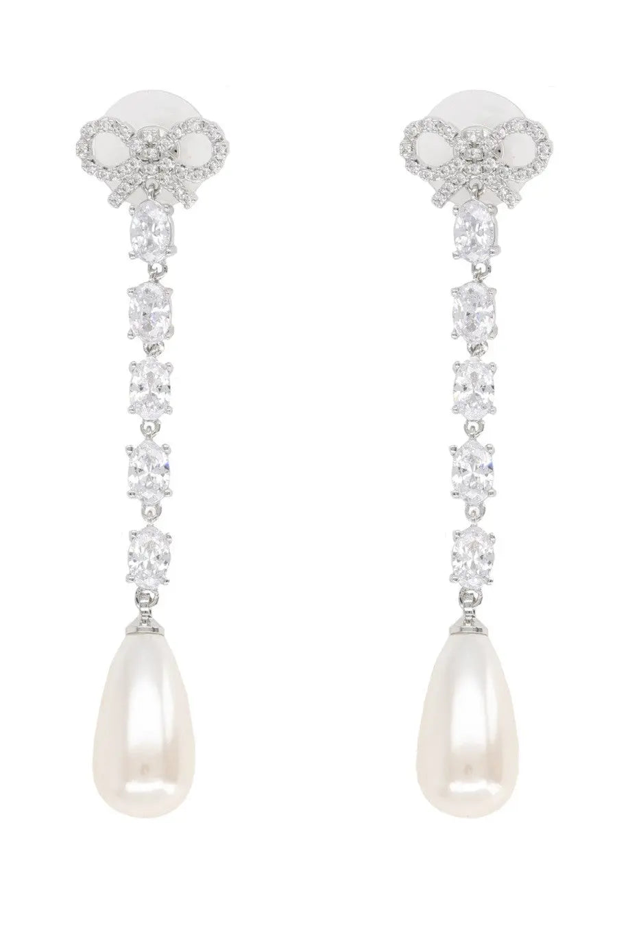 Elegant self-portrait silver drop earrings with white pearl bow, diamond accents, rectangular stones, and teardrop pearl