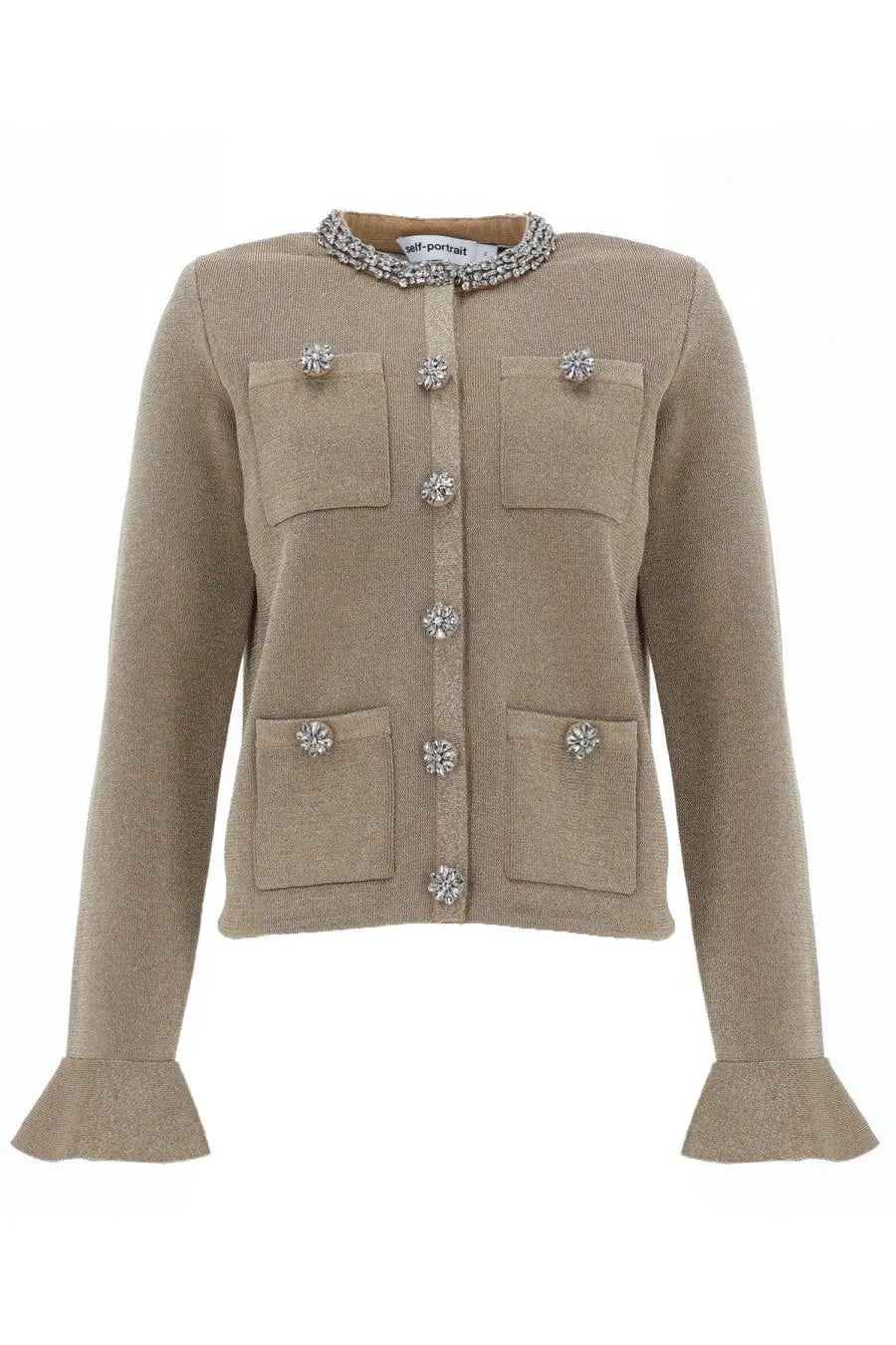 Beige textured knit cardigan by self-portrait with crystal-embellished collar front buttons and patch pockets