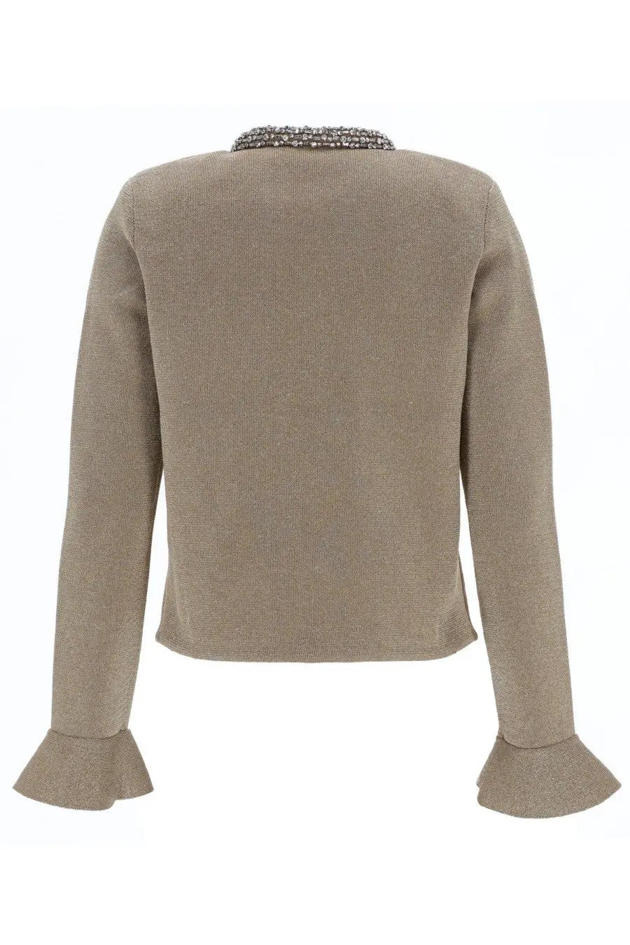 Beige textured knit cardigan with sparkling beaded collar and flared cuffs from self-portrait womens gold collection