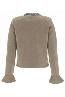Beige textured knit cardigan with sparkling beaded collar and flared cuffs from self-portrait womens gold collection