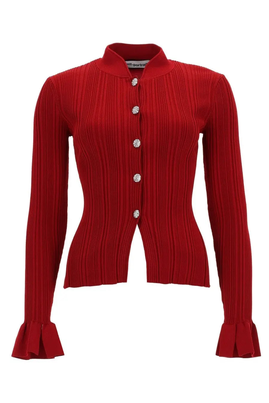 Self-portrait women’s vibrant red ribbed knit cardigan with crystal-embellished buttons and flared cuffs