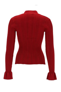 Self-portrait women’s red cardigan featuring a vibrant ribbed knit with high collar and flared cuffs